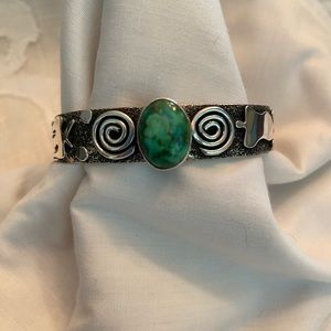 Alex Sanchez sterling silver Navajo turquoise petroglyph cuff bracelet